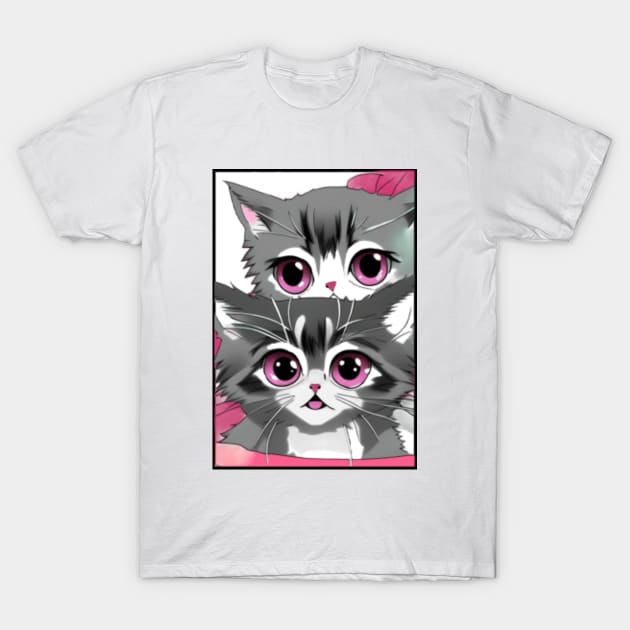 Cute Anime Kittens with Large Pink Eyes T-Shirt by CBV